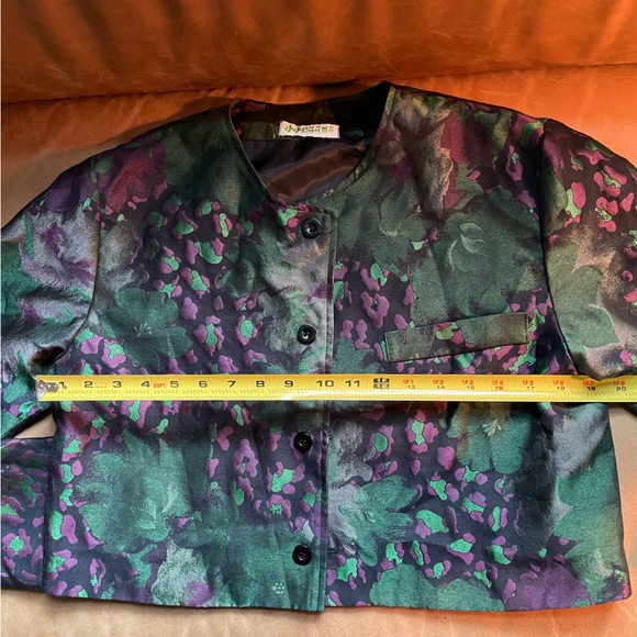 Vintage brocade metallic floral cropped jacket green purple boxy pocket printed - Picture 6 of 8